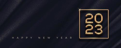 2023 new year golden logo on abstract black textile background. Greeting design with realistic gold metal number of year. Design for greeting card, invitation, calendar, etc. vector