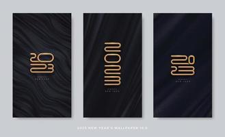 Set of black abstract background with 2023 new year golden logo. Template design with gold metal number of year. vector