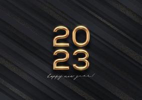 2023 new year golden logo. Realistic gold metal number of year on a black striped background with golden halftone. Greeting card, Vector illustration.