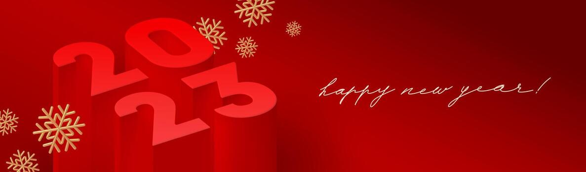 2023 new year greeting card with 3d realistic render number of the year with golden snowflakes. Vector illustration.