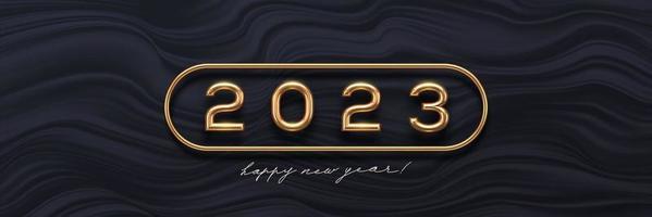 Logotipo dorado de año nuevo 2023 sobre fondo abstracto de ondas negras. diseño de saludo con un número realista de metal dorado del año. diseño para tarjetas de felicitación, invitación, calendario, etc. vector