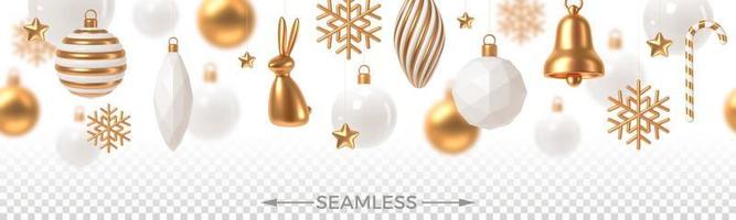 Christmas white and gold baubles and decoration. Seamless background. 3d render vector illustration.