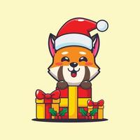 Cute red panda with christmas gift. Cute christmas cartoon illustration. vector