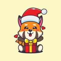 lindo panda rojo feliz con regalo de navidad. linda ilustración de dibujos animados de navidad. vector