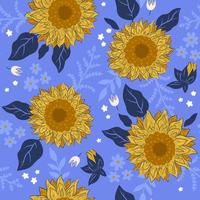 Seamless pattern with sunflowers on a blue background. Vector graphics.