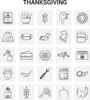 25 iconos de acción de gracias dibujados a mano conjunto garabato de vector de fondo gris