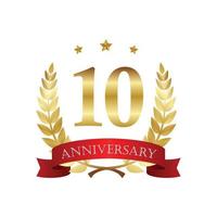 10 years anniversary golden label with ribbons vector