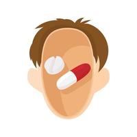 Pills in human head icon, cartoon style vector