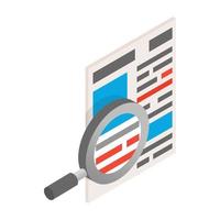 Newspaper with magnifying glass icon, isometric 3d vector