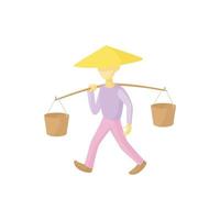 Man in a conical hat carries buckets icon vector