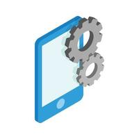 Smartphone with gears icon, isometric 3d style vector