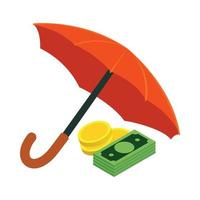 Golden coins and banknotes under umbrella icon vector