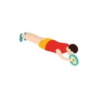 Man trains with ab wheel icon, isometric 3d style vector