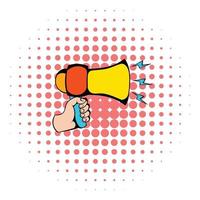 Male hand holding loudspeaker icon, comics style vector