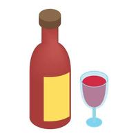 botella de vino y copa isométrica 3d vector