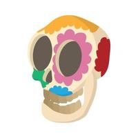 Skull with floral ornament icon, cartoon style vector