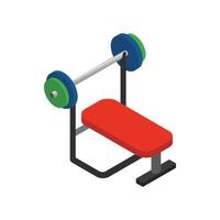 Weight bench with barbell icon, isometric 3d style vector