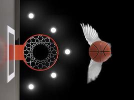 flying basketball ball to hoop on black background, basketball concept. 3d render photo