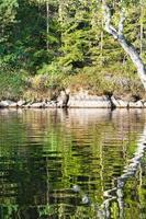 On the shore of a lake with rocks, trees and reflection in the water in Sweden photo