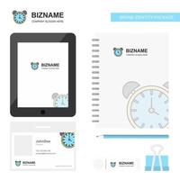 Alarm clock Business Logo Tab App Diary PVC Employee Card and USB Brand Stationary Package Design Vector Template