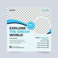 Travel agency flyer template for advertisement. Tour and travel social media posts with blue and white colors. Travel business poster template design. Vacation planner brochure for business promotion. vector