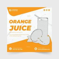 Orange juice sale social media post vector with orange color shapes. Food and beverage promotional template design. Juice and cocktail advertisement web banner vector for digital marketing.