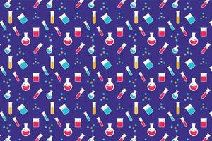 Seamless science pattern background vector with molecular basis and test tube icons. Educational pattern design for backdrop and wallpaper on a purple background. Minimal science pattern vector.