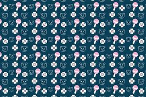 Abstract childish pattern vector with baby toys and flowers. Seamless backdrop pattern decoration for book covers, wallpapers, and wrapping papers. Minimal kid's pattern design with teddy bear faces.