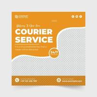 Modern courier business advertisement poster design with abstract shapes. Courier and home delivery social media post vector with red and orange colors. Order delivery service web banner template.