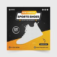 Creative sports sneakers sale template vector with yellow and pink colors. Sports fashion shoe brand promotion template design with discount offer section. Modern shoe business advertisement.