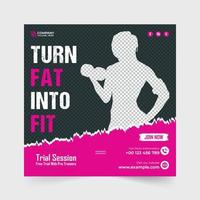 Fitness gym advertisement template for digital marketing. Gym business social media post vector with pink and blue colors. Gym workout session promotional web banner design with abstract shapes.