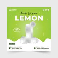 Organic lemon juice social media post for marketing. Lemon juice promotional poster vector with green and yellow colors. Beverage and drinks advertisement template for juice bars and restaurants.