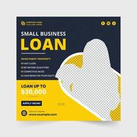 Bank loan service promotional template vector for digital marketing. Small business loan and liability template design with yellow and blue colors. Modern banking business social media post vector.