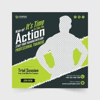 Gym training promotional template vector with green and yellow colors. Professional gym business advertisement poster design with brush effect. Gym workout social media post vector for marketing.