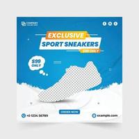 Sports sneakers sale template vector for online advertising. Exclusive shoe sale social media post design with blue and green colors. Sports shoe promotional web banner vector for business.