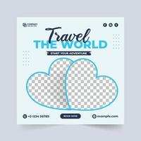 Tour and travel social media post design. Travel agency flyer template for business. Family vacation planner design for touring agency. Travel banner for social media post with blue and white color. vector