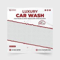 Luxury car wash business template design with red and aqua colors. Vehicle cleaning service social media post vector with abstract brush effect. Automobile cleaning and repair service promotion.