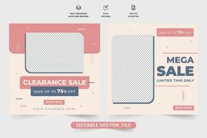 Clearance sale social media post design for digital marketing and shop promotion. Store sale discount advertisement template vector with pink and blue colors. Mega sale poster with photo placeholders.