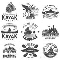 Set of canoe and kayak club badges. Vector illustration.