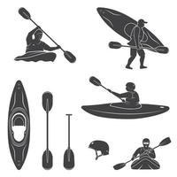 Set of extrema water sports equipment, kayaker and canoe silhouettes vector