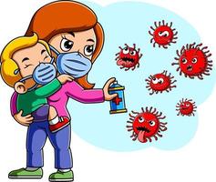 Mother and her baby spray to cleaning corona  virus vector