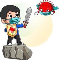 A boy on the rock fight corona virus. Sword and shield vector