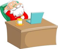 el santa claus durmiendo en el escritorio de trabajo y sentado frente a su computadora portátil vector