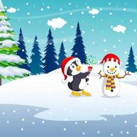 Winter Christmas Background with penguin handmade snowman vector