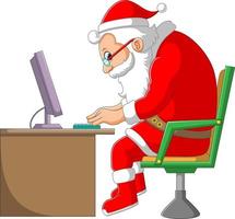 The Santa clause working in the chair in front of the laptop because of work from home vector