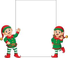 los dos elfos usando el disfraz de payaso de santa claus parados cerca del tablero en blanco vector