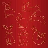 Continuous line drawing of easter rabbit set, golden vector minimalistic hand drawn illustration