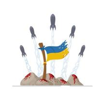 Vector illustration of the Ukrainian flag on the battlefield. Defense of Ukrainian statehood. Five missiles flying into the sky.