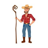 Vector isolated character, farmer with a stick. A smiling shepherd in working clothes.