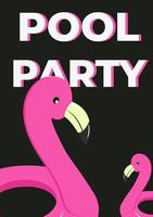 Vector illustration of a beach party poster. Inflatable flamingos on black background.